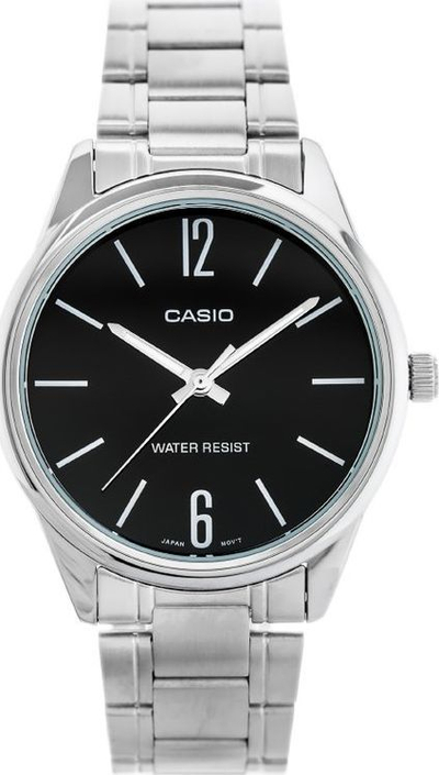 Orë burrash Casio MTPV005D-1B, analoge quartz, çelik inox, me faqe të zezë