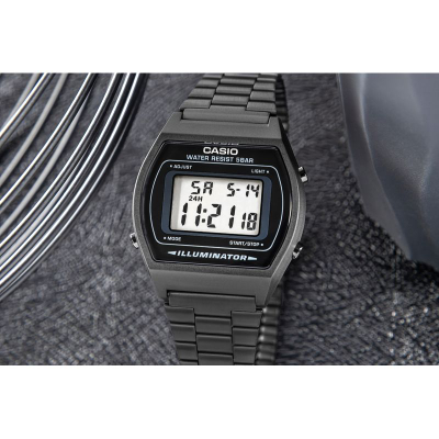 Orë digjitale Casio Vintage B640WB-1ADF, rezistente ndaj ujit, rrip metalik, e zezë