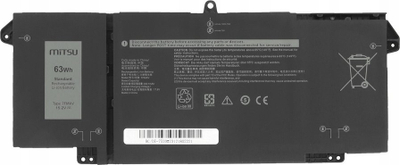 Bateri laptopi Mitsu 7FMXV, 63Wh, për Dell Latitude 5320 7320 7520, e zezë