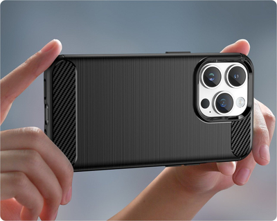 Mbajtëse telefoni për iPhone 14 Pro Max, xhel TPU i butë, dizajn karbon, e zezë