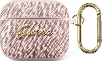 Kuti mbrojtëse Guess Saffiano Script për Apple AirPods 3, rozë