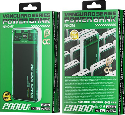 Power bank Wekome WP-351 Vanguard, 20000mAh, PD 20W QC 22.5W, i bardhë jeshil