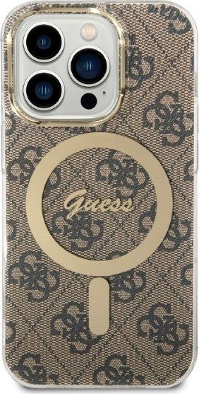 Set aksesorësh Guess GUBPP14LH4EACSW për iPhone 14 Pro, xhup mbrojtës Hardcase MagSafe 4G Print, karikues wireless MagSafe, kafe