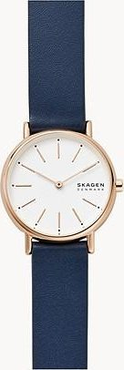 Orë dore Skagen Signatur Lille SKW2838, rrip lëkure, mban ujë deri 30m, blu