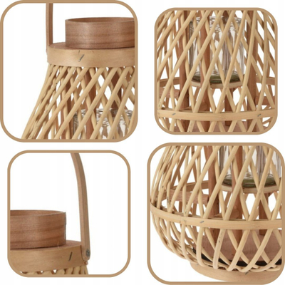 Fener dekorativ Rattan Glass Lantern, 25x30cm, për qiri, dru natyral