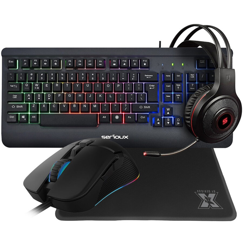 Set gaming Serioux Kayel 4 in 1, tastierë, maus, kufje, mauspad, i zi