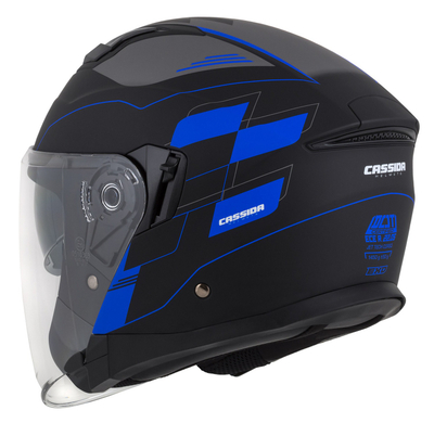 Helmetë moto CASSIDA Jet Tech RoxoR, vizor me syze dielli, black matt blue grey white