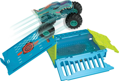 Set lodrash Hot Wheels Mega Wrex Oversized Crash Cage, kamion përbindësh 1:24, me pista edhe rampa aksioni, shumëngjyrësh