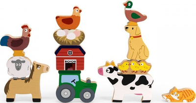 Lodër druri Viga Wooden Blocks Stacking Puzzle Farm Animals, 12 figura, Montessori