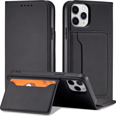Kapak portofol për telefon Hurtel Magnet Card Case për iPhone 12, me mbajtëse kartash, me qëndrim, i zi