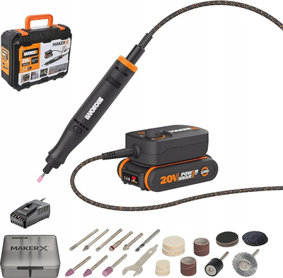 Lëmues rrotullues me aksesorë Worx MakerX WX739, 20V, brushless, portokalli