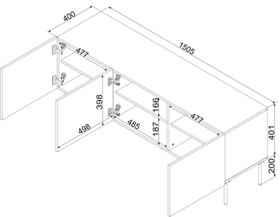 Kommodeskë TV Cama Meble Palazzo, 151x40x60 cm, 3 ndarje, e bardhë mat