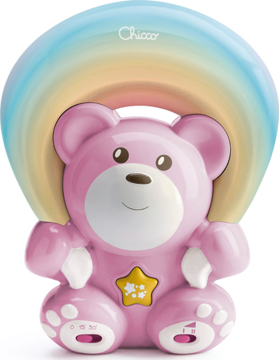 Lodër projektor për fëmijë Chicco Bear With Rainbow, me dritë ylberi, melodi relaksuese, rozë