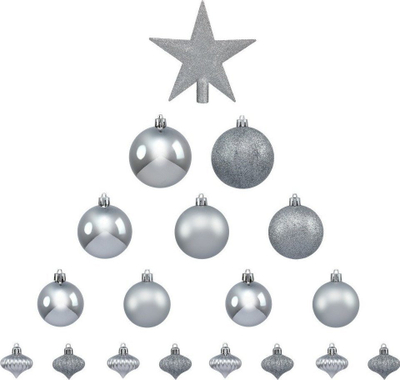 Set zbukurimesh për pemë FEERIC LIGHTS &amp; CHRISTMAS, 18 toptha dhe yll, argjend