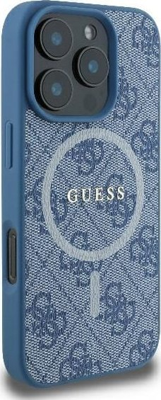 Mbulesë telefoni Guess 4G Ring Classic Logo MagSafe për iPhone 16 Pro 6.3", nga TPU, PC edhe lëkurë eko, blu