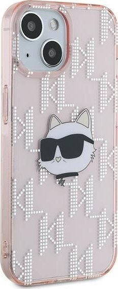 Mbulesë telefoni Karl Lagerfeld Choupette Head Monogram për iPhone 15 14 13 6.1", TPU polikarbonat, transparente rozë
