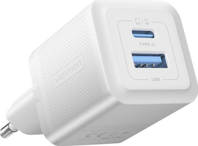 Karikues Vention 2 Port USB C dhe A GaN 30W, PD 3.0, QC 3.0, i bardhë