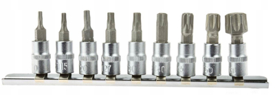 Set bite TORX GEKO, 9 copë, 1/4", T10–T60, ngjyrë argjendtë