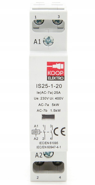 Kontaktor modular Koop Elektro IS25-1-20, 25A, 230V AC, gri