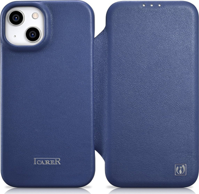 Këllëf telefoni iCarer CE Premium Leather Folio për iPhone 14, lëkurë natyrale, MagSafe, blu