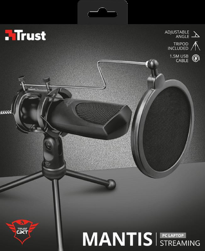 Mikrofon Trust GXT 232 Mantis, USB, me tripod dhe pop filter, i zi