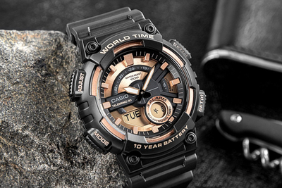 Orë dore Casio AEQ-110W-1A3VDF, analoge-digitale, quartz, 10 ATM, e zezë me rose gold