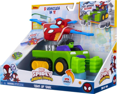 Set loje Marvel Spidey and His Amazing Friends Team Up Tank, me tank Hulk Smash, me avion Spidey Glider Jet