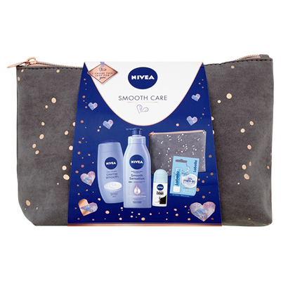 Set Nivea Smooth Care losion trupi Smooth Sensation 400 ml + xhel dushi Creme Smooth 250 ml + antiperspirant Black & White 50 ml + balsam për buzë Hydro Care 4.8 g + çantë kozmetike