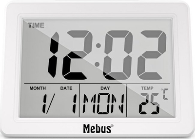 Orë alarmi digjitale Mebus 25738, format 12/24h, me termometër, e bardhë
