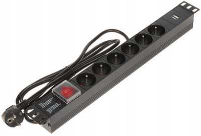 Енергетски панел за шкаф Power PD-6/R-USB, 6 излези, 2x USB, 1.8m, црн