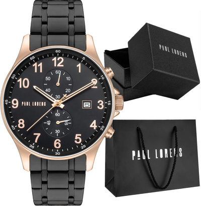 Orë burrash Paul Lorens PL20002B 1A4, kronograf, çelik inox, e zezë rose gold