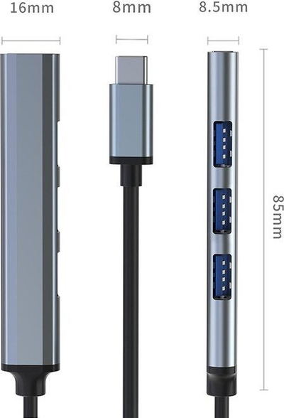 HUB USB Qoltec 4in1, USB C 3.1, 1x USB 3.0 3x USB 2.0, gri grafit