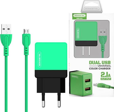 Karikues muri Somostel SMSA53, 2 porta USB-A 2.1A, me kabllo MicroUSB, jeshil