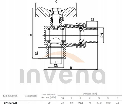 Valvul këndore me bilë Invena, 1", DN25, dorezë e kuqe