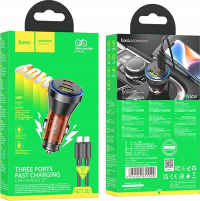 Karikues makine HOCO NZ12D, 60W PD QC3.0, 3 porta USB, transparent portokalli