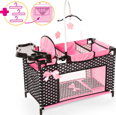 Kревет за играње за кукли Bayer Design Multi-Bed, со висока столица, преграда за складирање, црн со розови срца