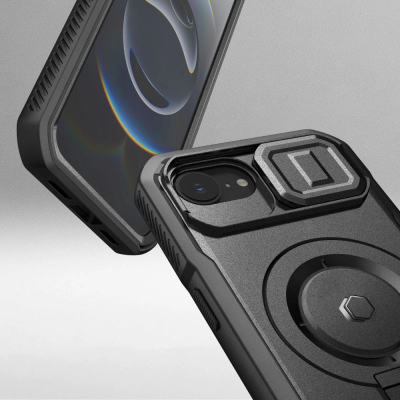 Maskë Tech-Protect Kevlar MagSafe për iPhone 16E, me xham tê integrum, me këmbë mbajtëse, e zezë