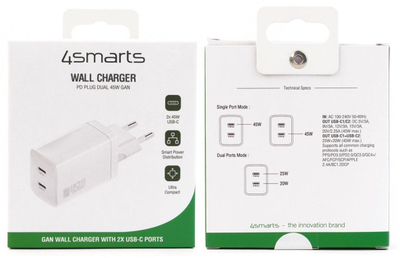 Ѕиден полнач 4smarts PDPlug Dual 540400, 45W GaN, 2 USB-C порти, бел