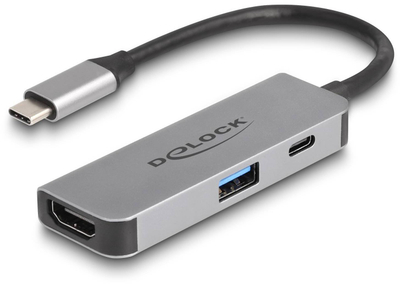 Адаптер USB-C Delock 87765, HDMI 4K 60Hz, USB-A и USB-C PD 95W, сив