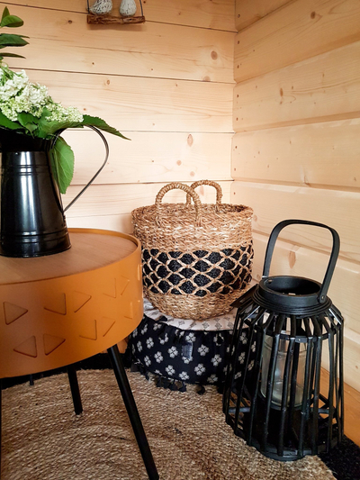 Fener dekorativ Atmosphera Interior Designer Black Woven Willow Rattan, 35cm, me gotë qelqi mrena, i zi