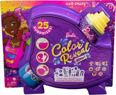Kukull Barbie Color Reveal Glitter Hair Swaps, 25 surpriza, 10 copa flokësh, blu me shkëlqim