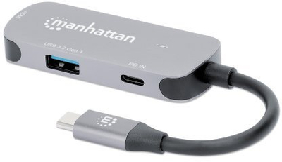 Adapter USB C Manhattan 3 në 1, HDMI 4K, USB A dhe USB C Power Delivery 100W, gri