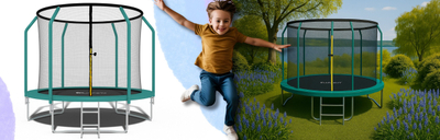 Trampolinë kopshti Funfit 312cm, rrjetë e jashtme mbrojtëse, shkallë, jeshile