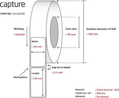 Rrotull etiketash termike Capture CA-LB3038, 102x210mm, 640 etiketa, e bardhë