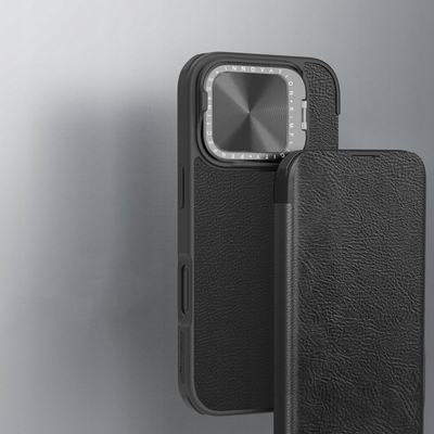 Kuti telefoni Nillkin Qin Prop për iPhone 16 Pro, lëkurë, me kapak stand, e zezë
