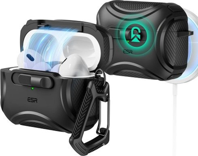 Mbrojtëse ESR Cyber FlickLock HaloLock MagSafe për AirPods Pro 1/2, kapak karikimi me karabiner, e zezë