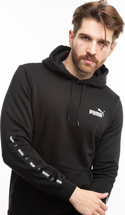 Bluzë me kapuç Puma ESS+ Tape Hoodie FL M, për burra, logo në mëngë, e zezë