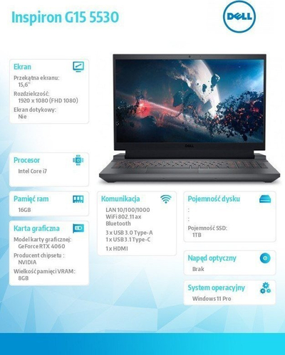 Laptop Dell G15 5530, 15.6", Intel Core i7-13650HX, 16GB RAM, 1TB SSD, Nvidia GeForce RTX 4060