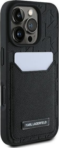 Mbulesë telefoni Karl Lagerfeld Cardslots Monogram për iPhone 16 Pro Max 6.9", nga eco leather, me xhep kartash, e zezë
