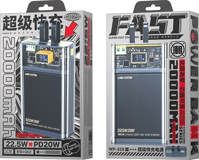 Powerbank Wekome WP-325 Vanguard Series, 20000mAh, PD 20W QC 22.5W, i zi transparent